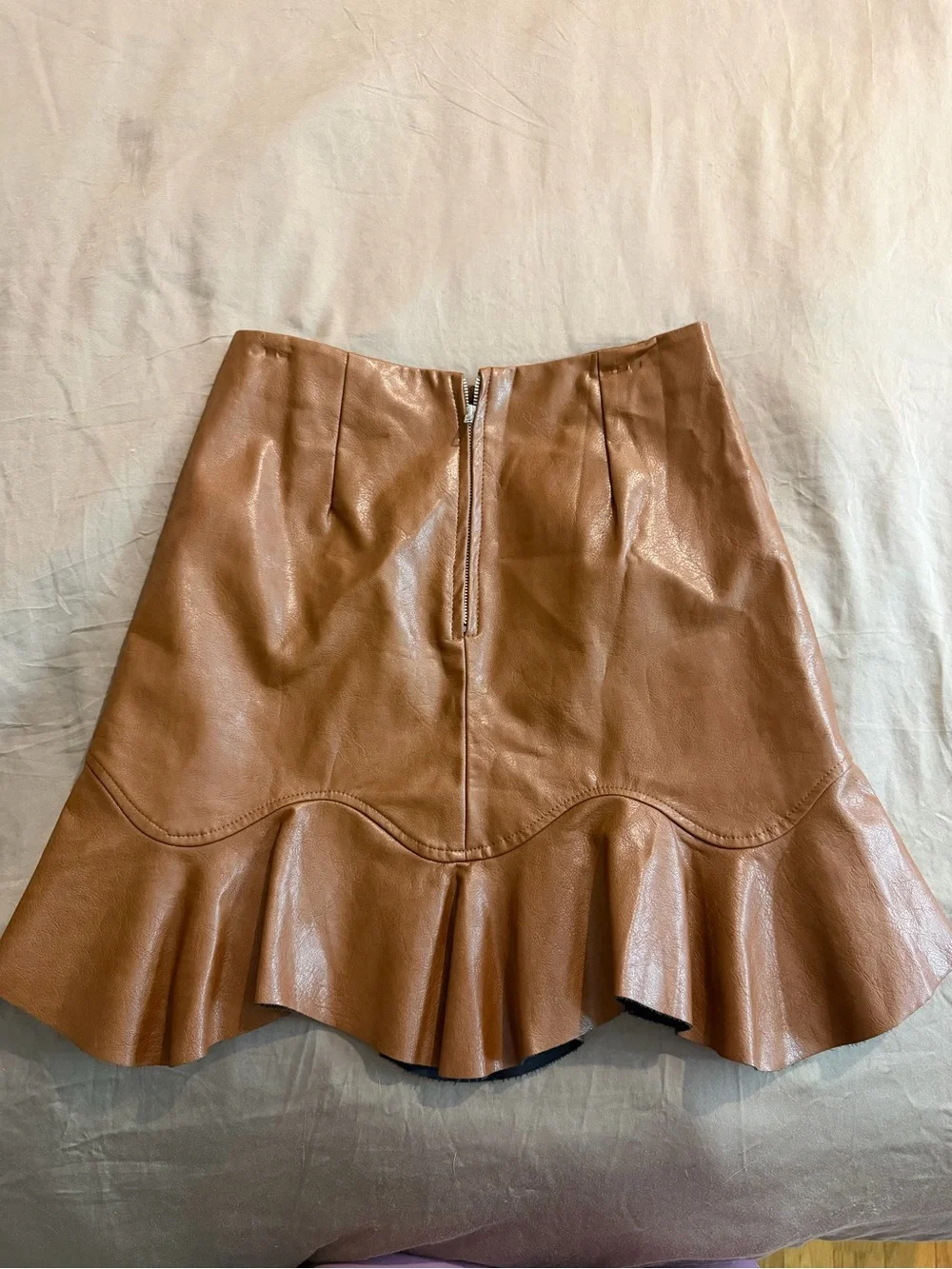 Women’s Brown Faux Leather Ruffle Hem Skirt